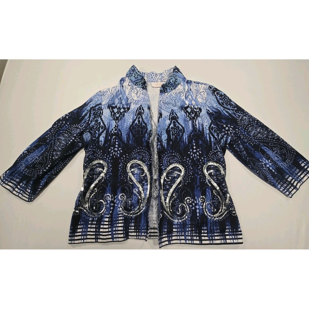 Chicos Size 1 M Blue Ombre Sequin Paisley Floral Open Front Linen Blend Jacket
